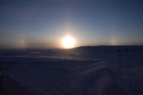 View of Parhelia or Sun dogs where optical effects in the sky as it is filled with diamond dust